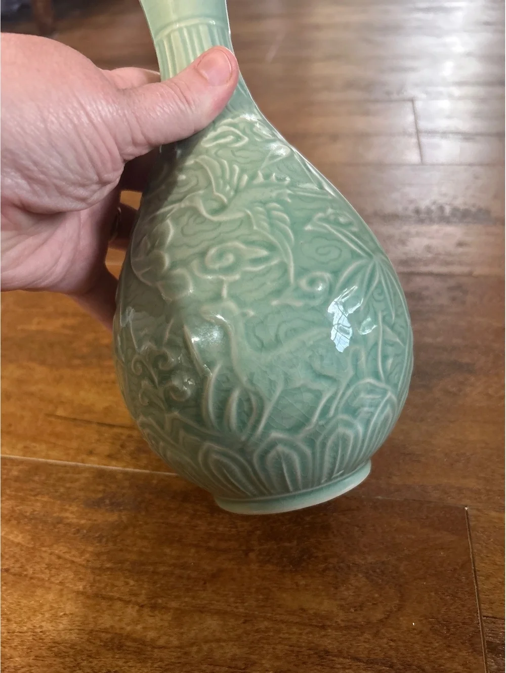 Celadon Green Ceramic Vase with Raised Animal and Floral Motifsp
